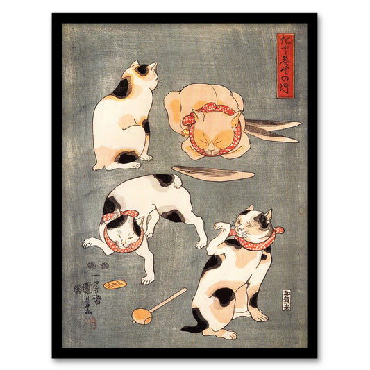 Four Cats in Different Poses Kuniyoshi Framed Wall Art Print