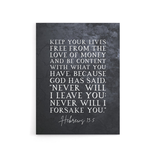 Hebrews 13 5 The Love of Money Bible Quote Canvas Wall Art Print