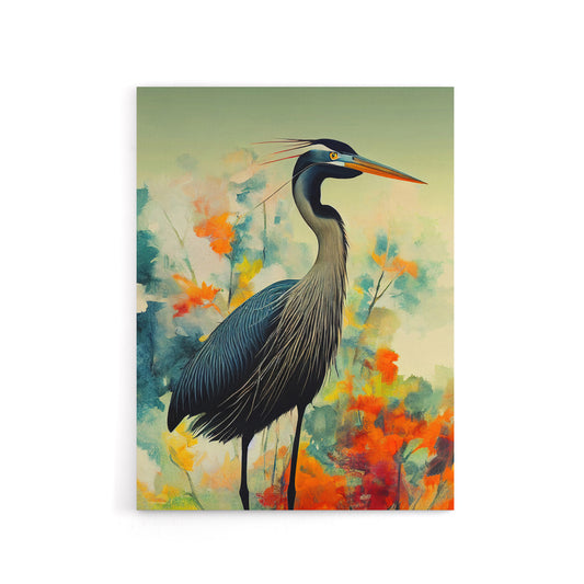 Heron Bird In Flower Field Canvas Wall Art Print