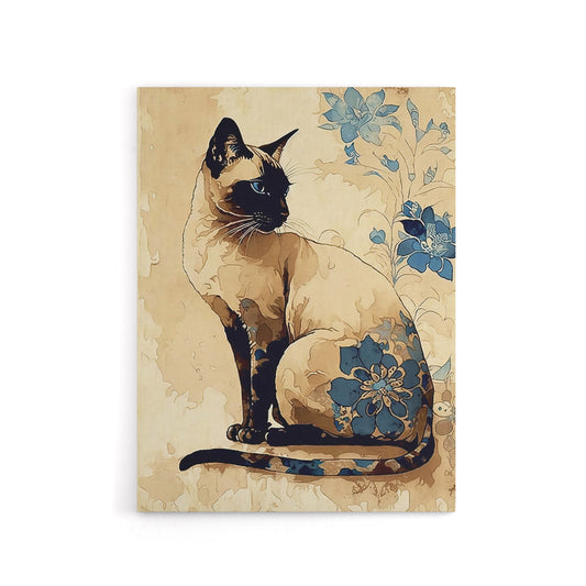 Siamese Cat Floral Watercolour Portrait Canvas Wall Art Print