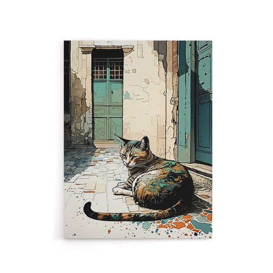 Street Cat Sunbathing On Cobblestone Canvas Wall Art Print