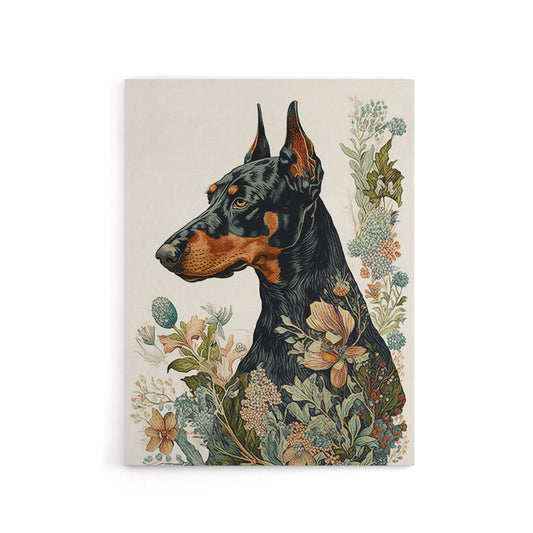 Doberman Dog With Wild Flowers Boho Canvas Wall Art Print