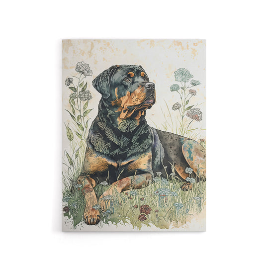 Rottweiler Dog Laying In Wildflowers Canvas Wall Art Print