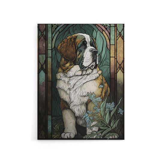 St Bernard Dog Floral Modern Art Nouveau Canvas Wall Art Print