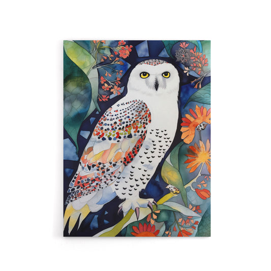 Snowy Owl On Blooming Tree Folk Art Canvas Wall Art Print
