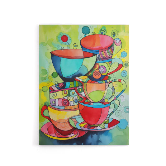 Abstract Tea Cups Folk Art Kitchen Canvas Wall Art Print