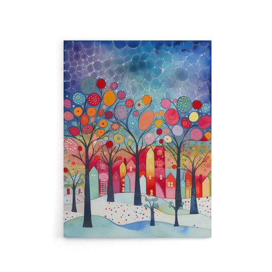 Winter Abstract Village Folk Art Canvas Wall Art Print
