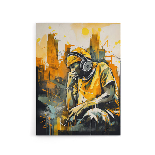 City Skyline And Young Man With Headphones Canvas Wall Art Print