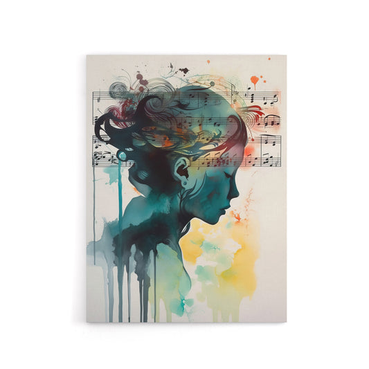 Woman Watercolour Portrait With Music Notes Canvas Wall Art Print