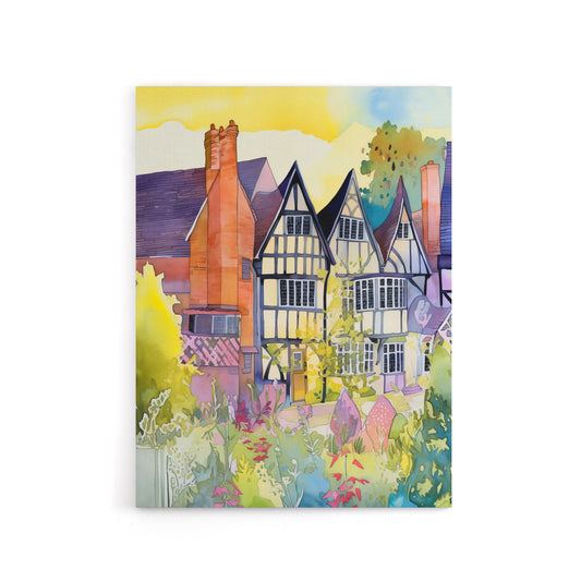 Sunrise Over Tudor Houses Floral Canvas Wall Art Print