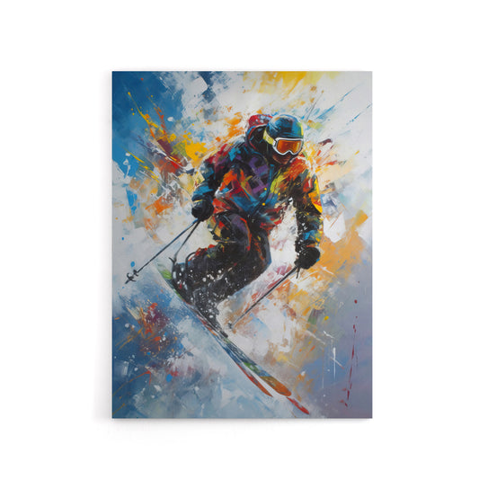 Skier Skiing Down Slope Colourful Canvas Wall Art Print