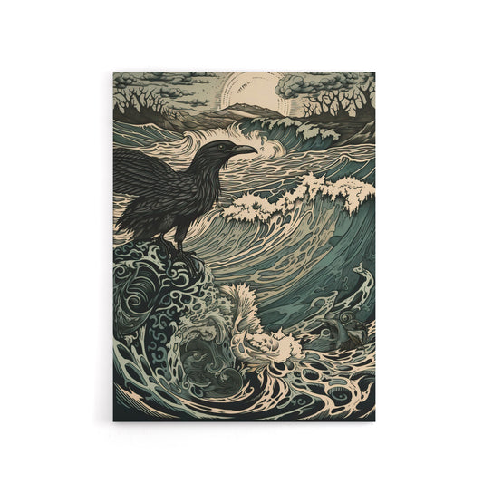 Raven And Crashing Waves Seascape Canvas Wall Art Print