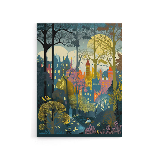 Village Through Sherwood Forest Folk Art Canvas Wall Art Print