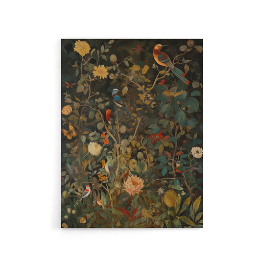 Birds In Flowering Shrubs Floral Canvas Wall Art Print