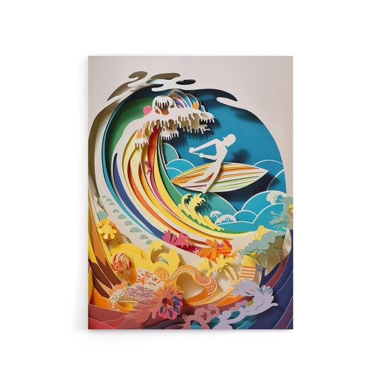Rainbow Kirigami Surfer in Coastal Landscape Canvas Wall Art Print