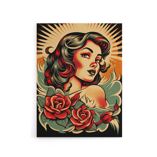Rockabilly Pin Up Girl and Roses Tattoo Style Canvas Wall Art Print
