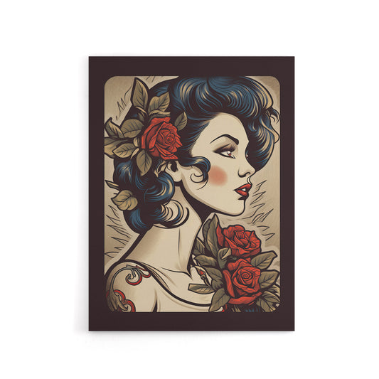 Pin Up Girl Floral Rockabilly Tattoo Style Canvas Wall Art Print