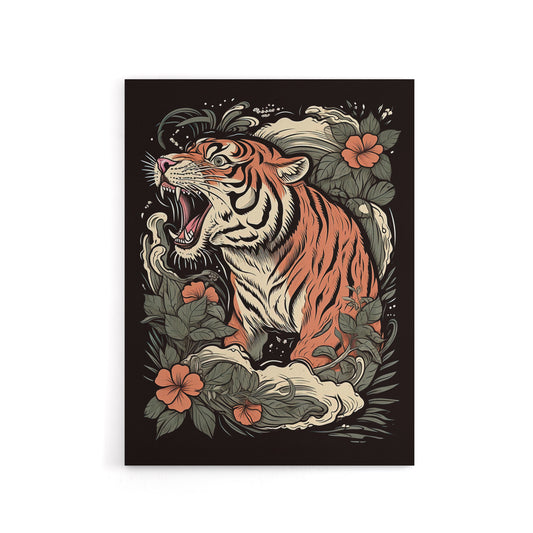 Roaring Tiger Old School USA Tattoo Canvas Wall Art Print