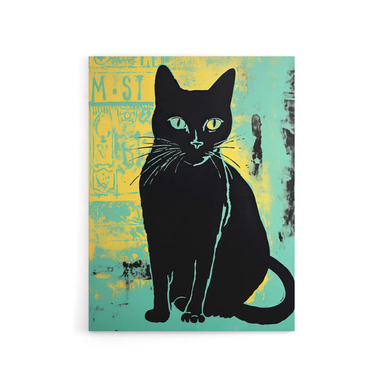 Cat Vibrant Linocut Vintage Advert Style Canvas Wall Art Print