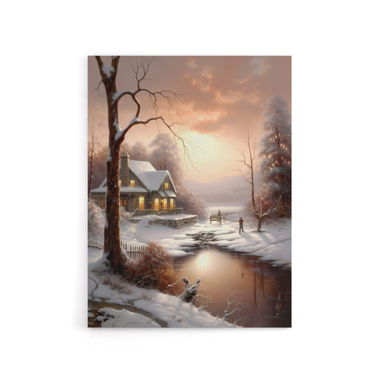 Winter Cottage Snowy Landscape at Sunset Canvas Wall Art Print