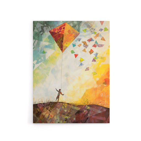 Child Flying Big Kite In Rainbow Sky Canvas Wall Art Print