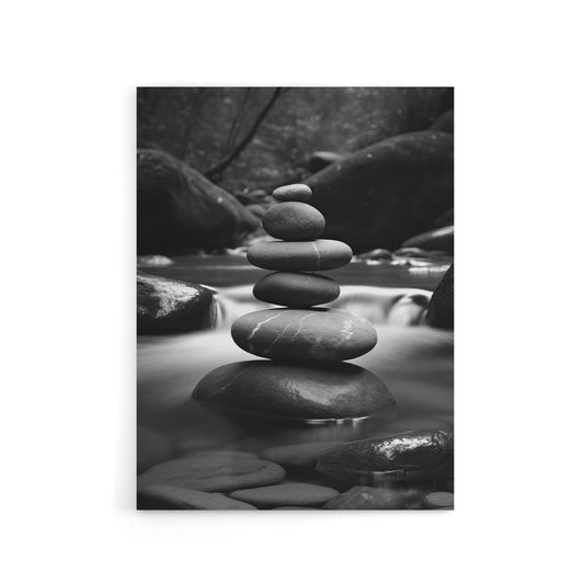 Zen Stones Stack In River Black White Photo Canvas Wall Art Print