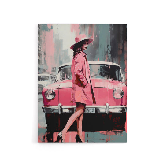 Woman And Pink Classic Car Retro Fashion Canvas Wall Art Print