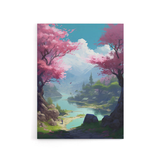 Cherry Blossoms In Forest Lake Landscape Canvas Wall Art Print