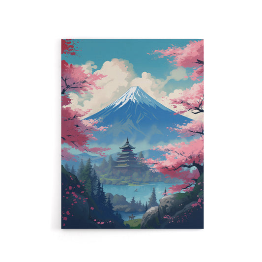 Japanese Temple in Mount Fuji Lake Landscape Canvas Wall Art Print
