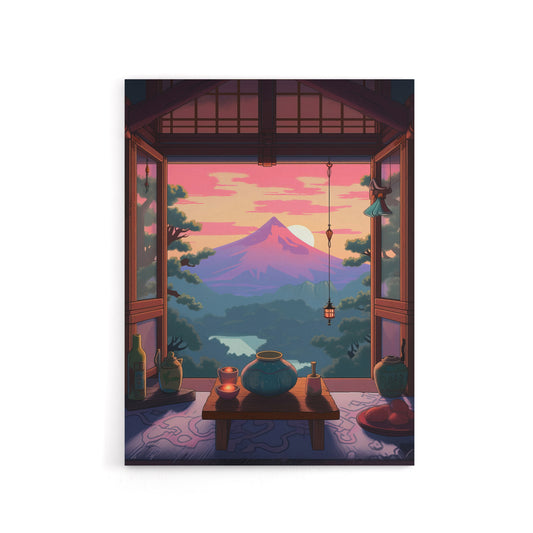 Japanese Tea House Mount Fuji Sunset View Canvas Wall Art Print