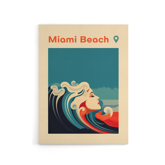 Miami Beach Sea Wave Siren Travel Advert Canvas Wall Art Print