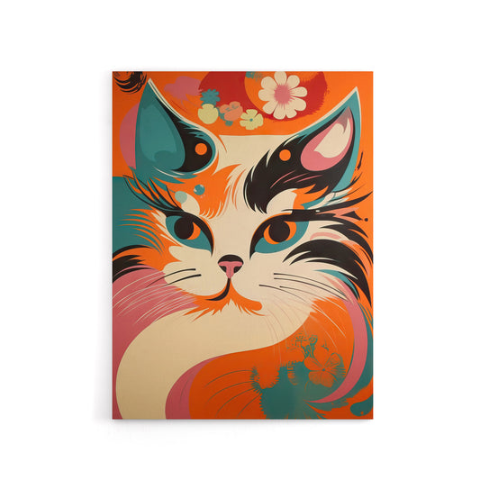 Cat Retro Boho Flower Power Floral Canvas Wall Art Print