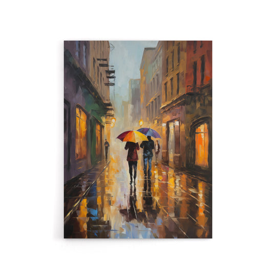 Couple With Umbrellas Rainy Cityscape Canvas Wall Art Print