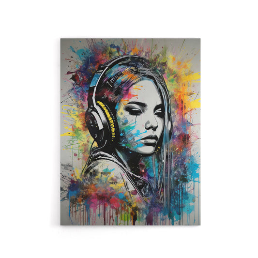 Girl With Headphones Music Paint Splat Canvas Wall Art Print