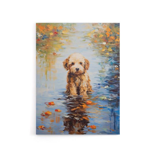 Cockapoo Dog And Autumn Leaves In Lake Canvas Wall Art Print