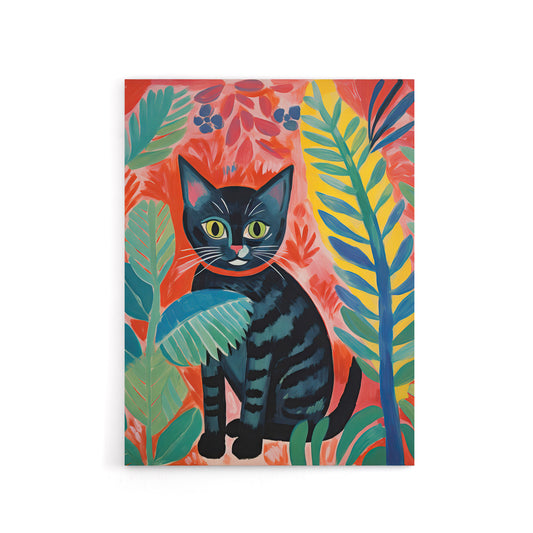 Black Cat In A Jungle Folk Art Canvas Wall Art Print