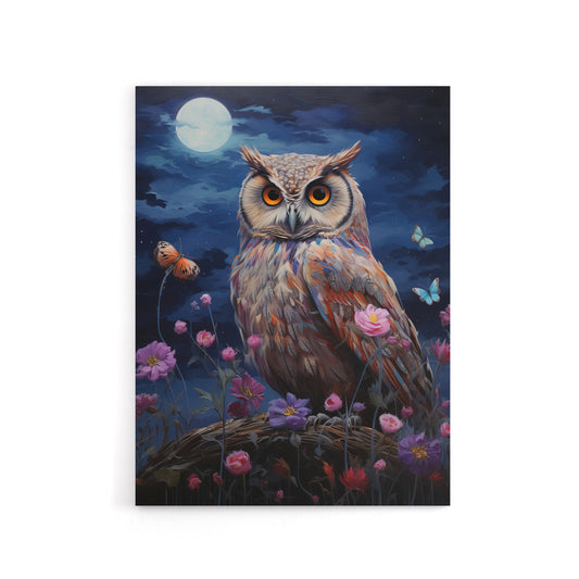 Owl With Wildflowers Under A Full Moon Canvas Wall Art Print