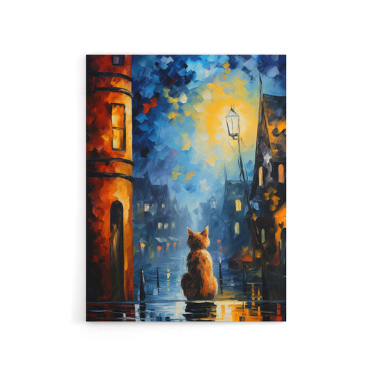 Ginger Cat Under Street Lamp at Night Canvas Wall Art Print