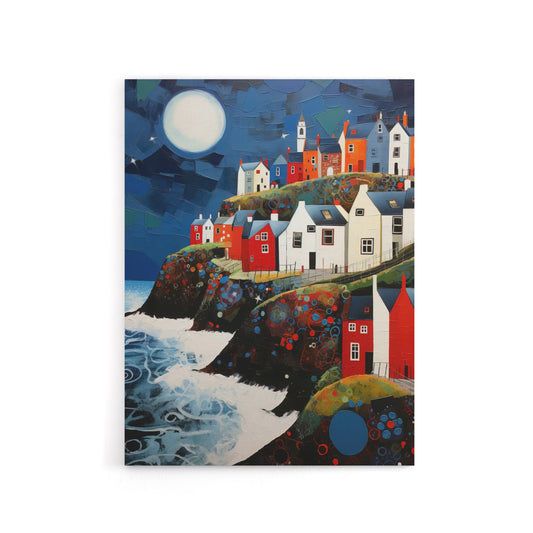 Seaside Cliff Village Houses Folk Art Canvas Wall Art Print