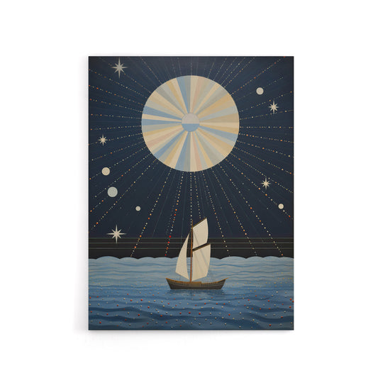 Boat Sailing Under Full Moon Canvas Abstract Wall Art