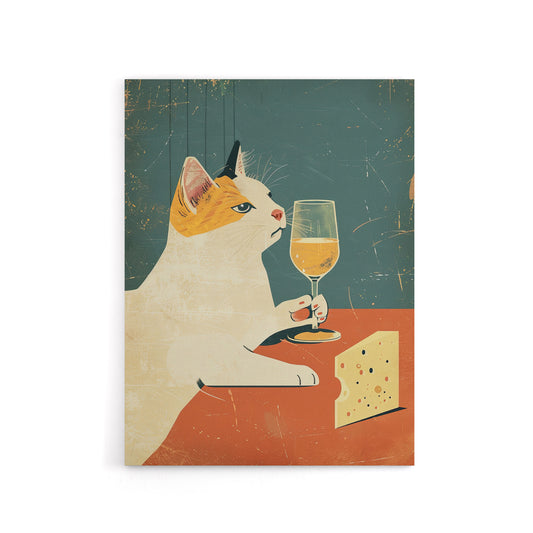 Cat Drinking Wine With Cheese Canvas Wall Art Print