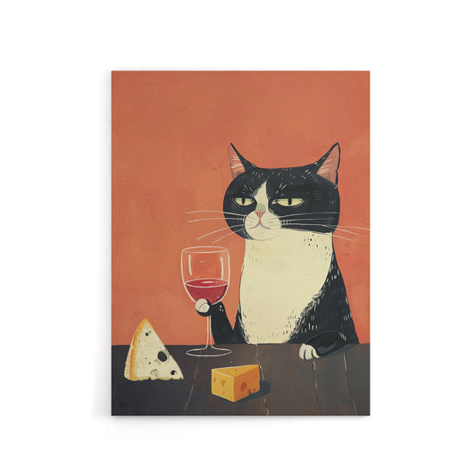 Tuxedo Cat Drinking Wine With Cheese Canvas Wall Art Print