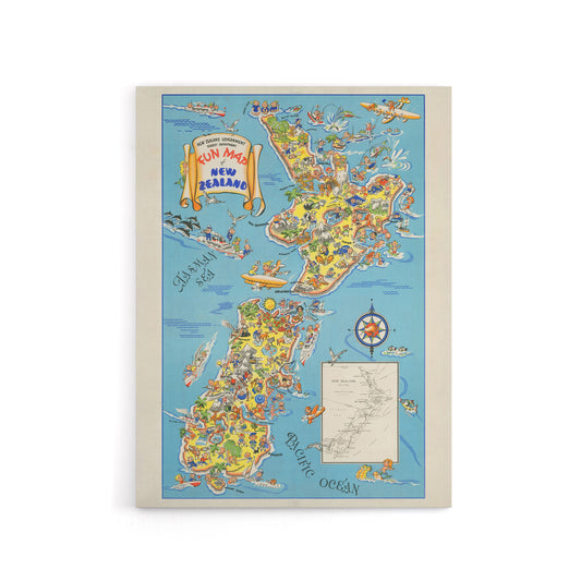 1938 Fun Pictorial Map Of New Zealand Canvas Wall Art Print