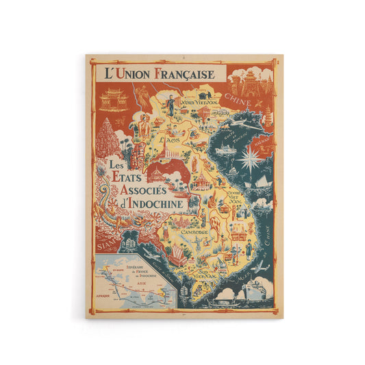 1948 Map Associated States of Indochina Canvas Wall Art Print