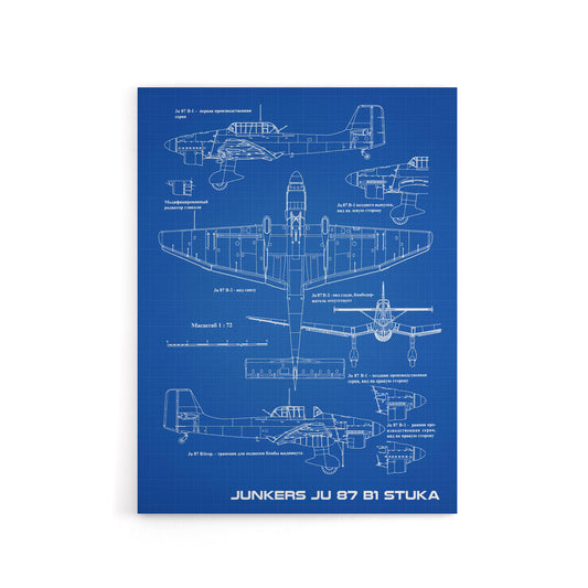 Junkers Ju 87 B1 Stuka Aircraft Blueprint Canvas Wall Art Print