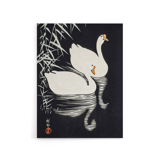 Geese Swimming By Reeds Canvas Wall Art Print Ohara Koson