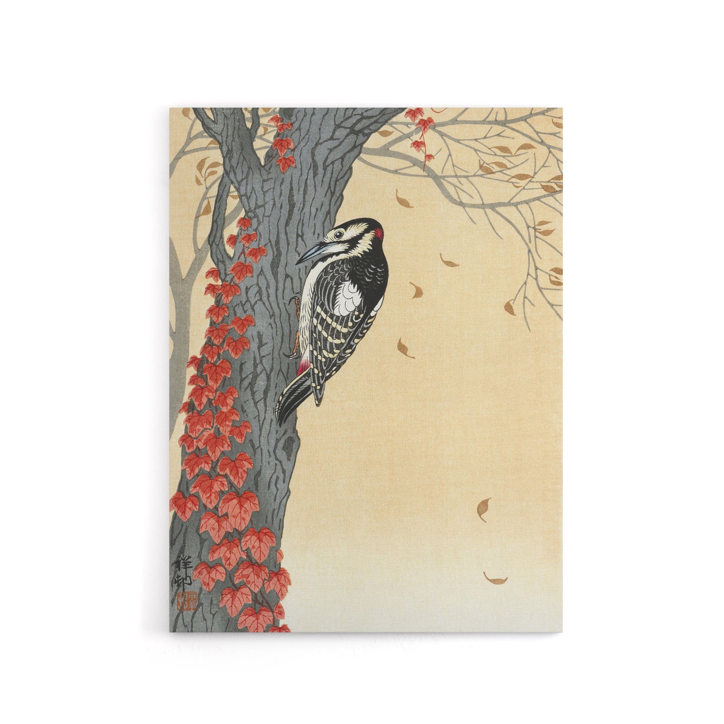 Great Spotted Woodpecker Tree Red Ivy Canvas Wall Art Print Koson