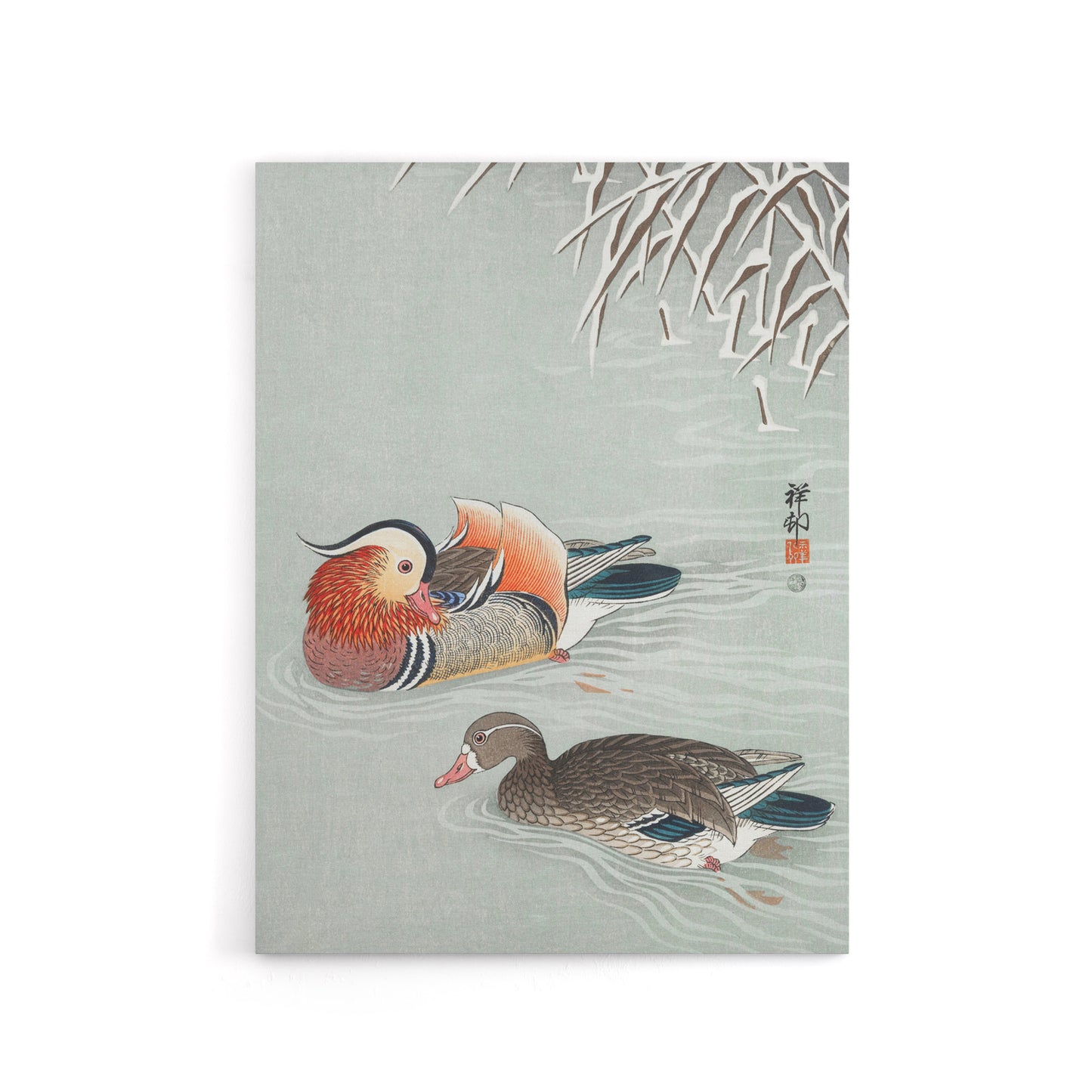 Two Mandarin Ducks in Snow Canvas Wall Art Print Ohara Koson