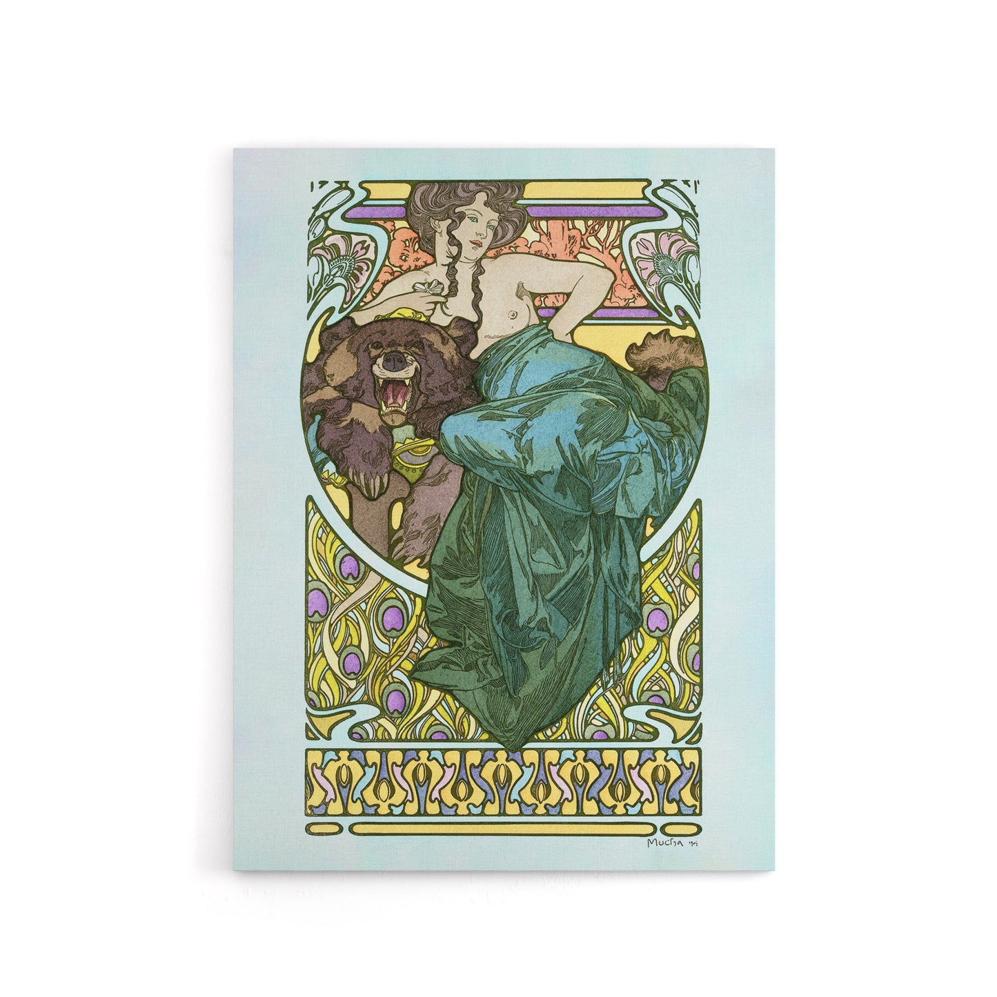 Woman Reclining on a Bearskin French Canvas Wall Art Print Mucha