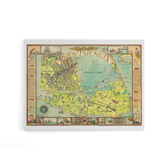 Sutton 1946 Pictorial Map Nantucket Island Canvas Wall Art Print